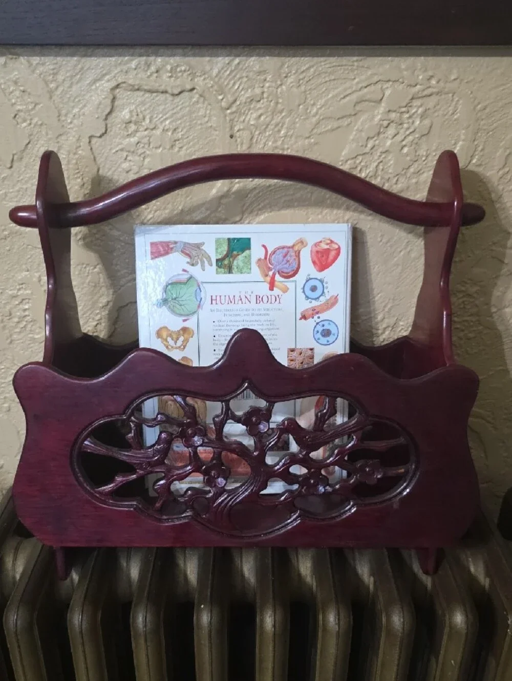 Decorative Carved Wooden Basket - Deep Cherry Red